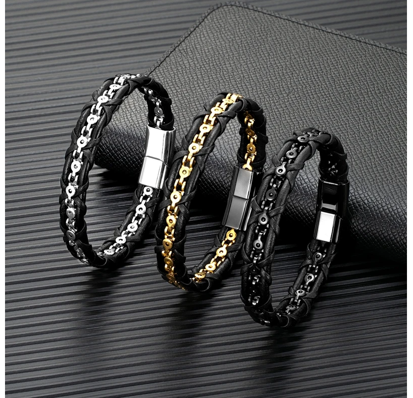 Chain Leather Bracelet Titanium Stainless Steel Magnet Buckle