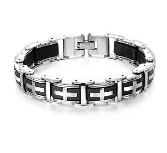 Elegant Stainless Steel Cross Bracelet for Men | Premium Black Rubber Silicone Wristband | Religious Jewelry | 8.5 Inches Long