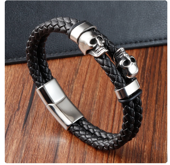 Leather Skull Bracelet | Magnetic Closure | Double Braided Leather