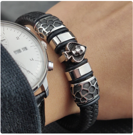 Leather Stainless Steel Skull Bracelet for Men | Spades Skull Head | Unique Men's Jewelry