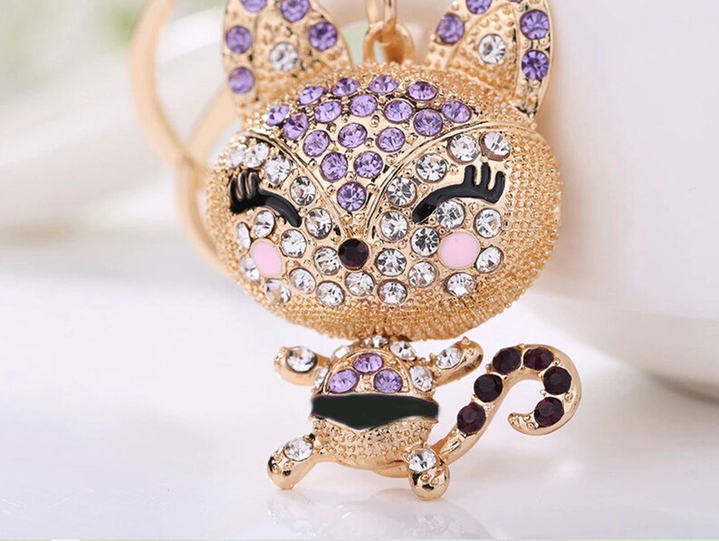 Cat Purple & Gold Handbag Charm | Keychain | Delivered in Gift Box | Gift for Her.