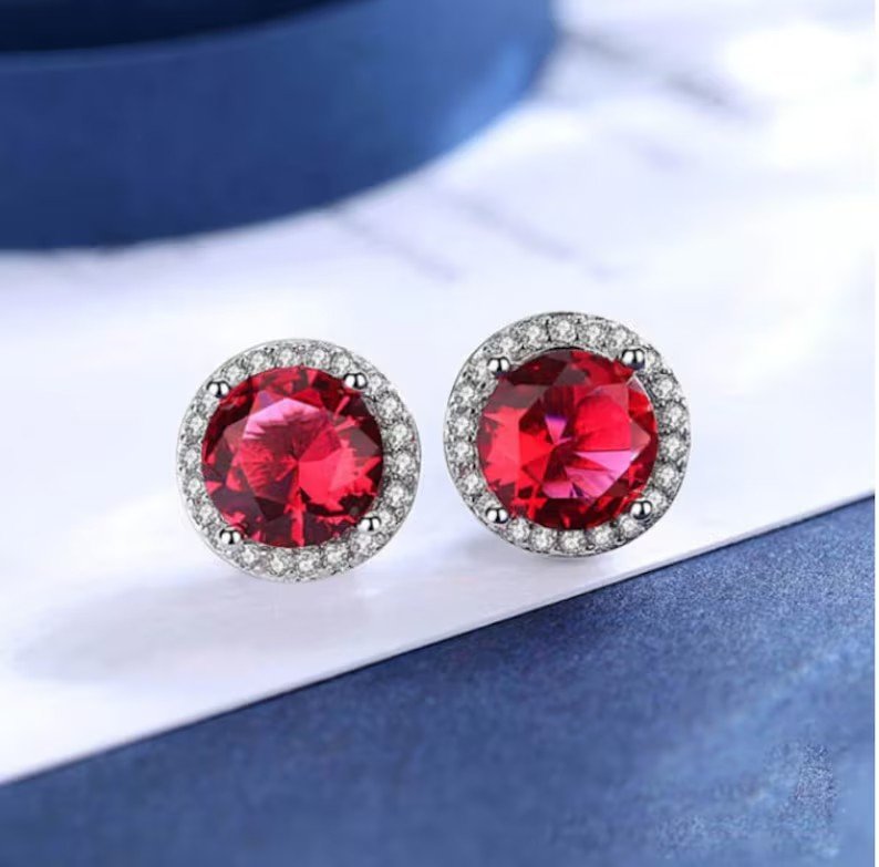 Ruby Halo Earrings | 925 Sterling Silver | Ruby Earrings with Diamond Accents