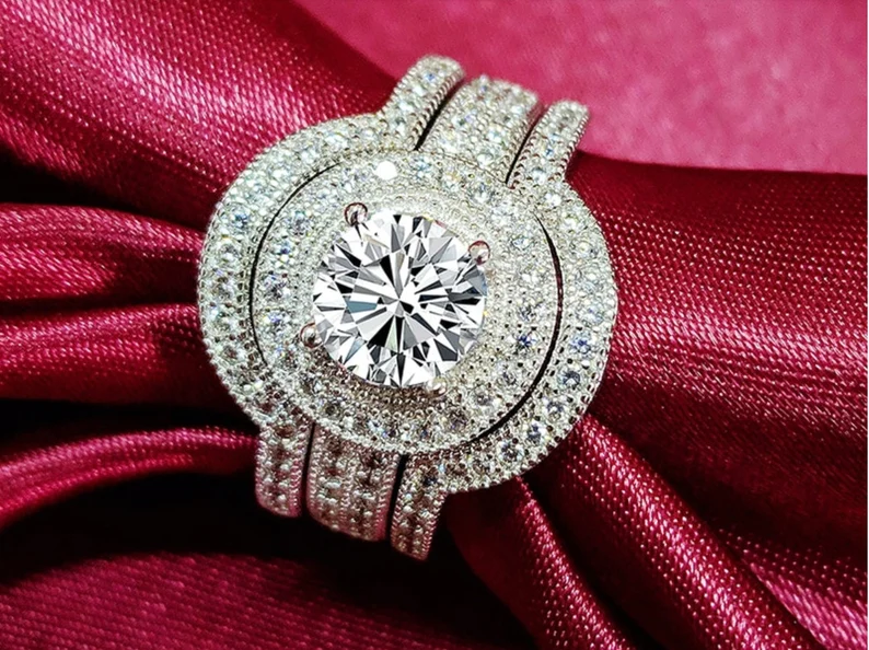 Wedding Engagement Ring | 925 Sterling Silver | Set 3pcs | Size 7