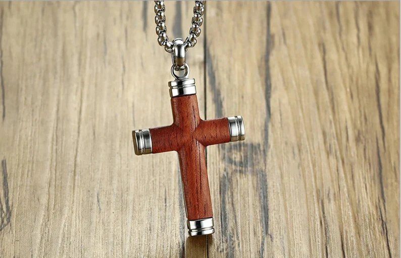 Men's Cross Wood Stainless Steel Pendant Necklace | Delivered in Gift Box | Gift for Him