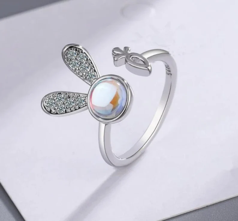 Bunny Ears Diamond Adjustable Ring | Real 925 Sterling Silver Stamped | Gift for Her | Delivered in Gift Box.