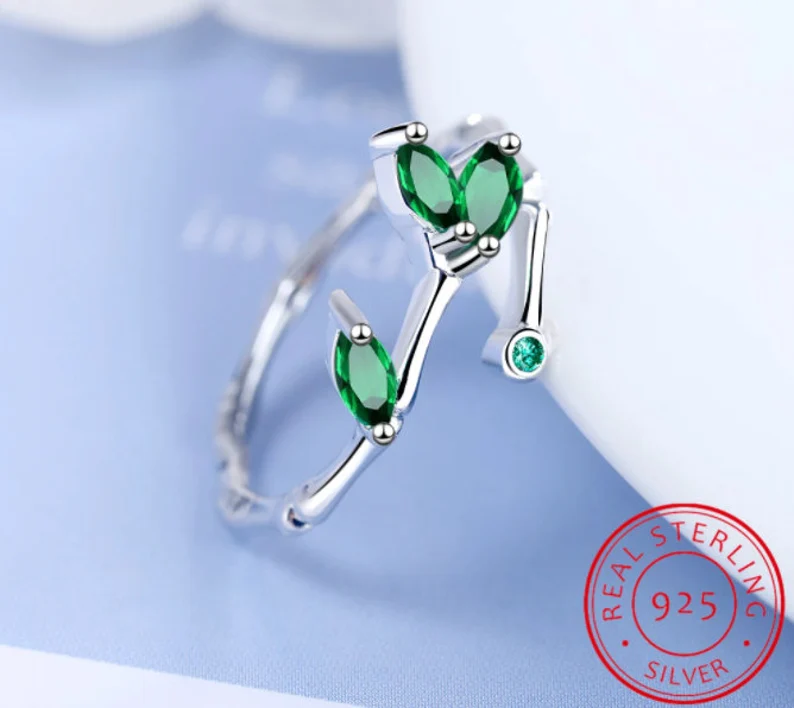 Emerald Green Leaves Adjustable Ring | 925 Sterling Silver