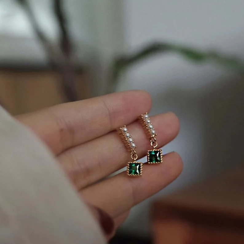 Emerald Green and Pearl Gold Earrings | 925 Sterling Silver | Gift For Her | Dangle Drop Earrings