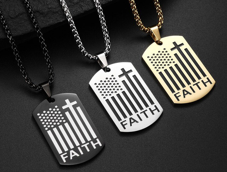 Faith US Flag Dog Tag Stainless Steel Necklace | Available in Silver or Black | Gift for Him or Her | Delivered in Gift Box