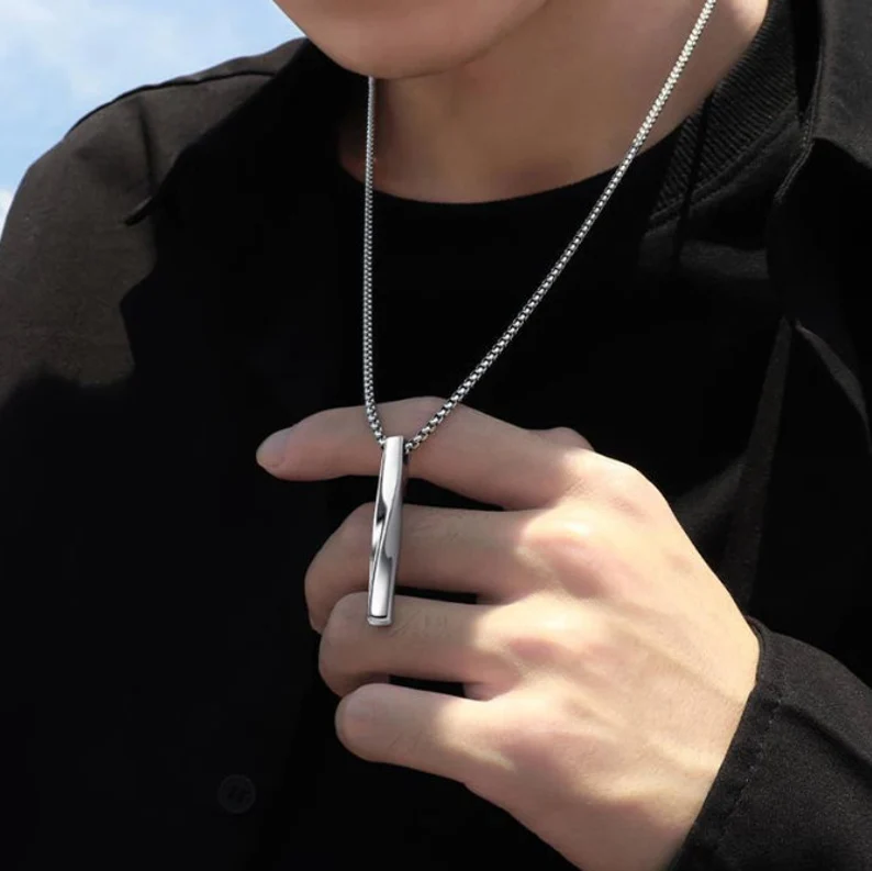 Men's Spiral Rectangle Pendant Necklace | Stainless Steel | Gift for Him | Delivered in Gift Box