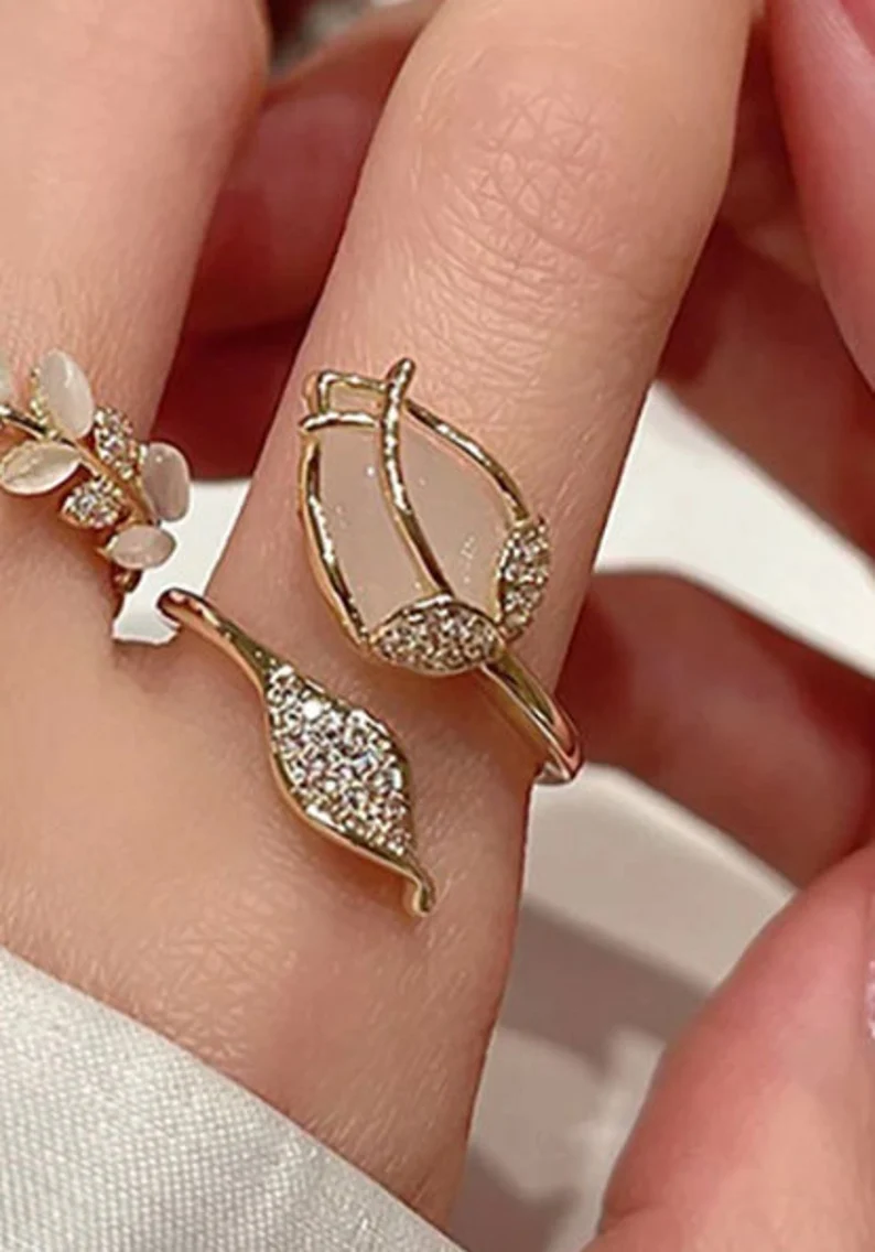 Enchanting Gold Leaf Adjustable Ring | 925 Sterling Silver | One size fit all
