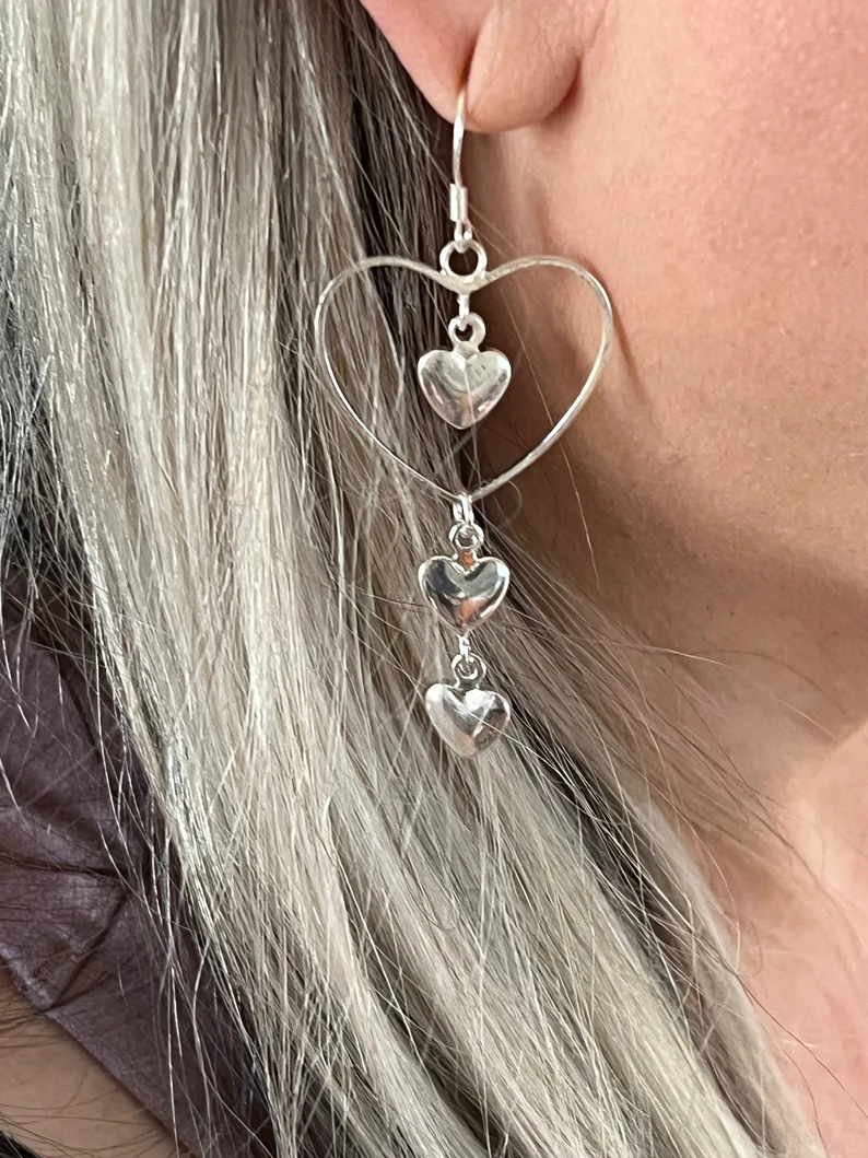 Heart Tassel Dangle Drop Earrings | 925 Sterling Silver | Gift for Her