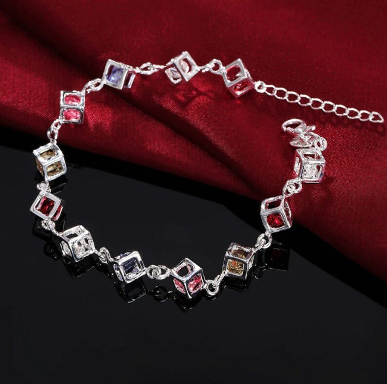 Rainbow Multi Color Cube Bracelet | 925 Sterling Silver Stamped| Gift for her | Birthday Gift | Delivered in Gift Box.