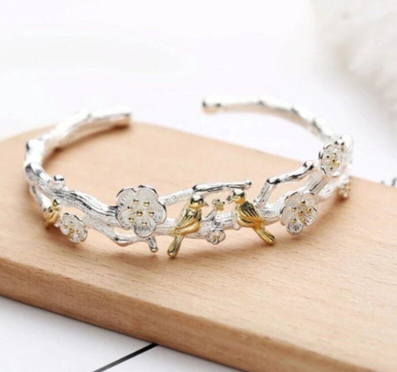 Bird Garden Blossom Cuff Bracelet | Stamped 925 Sterling Silver | Delivered in Gift Box | Adjustable Bracelet